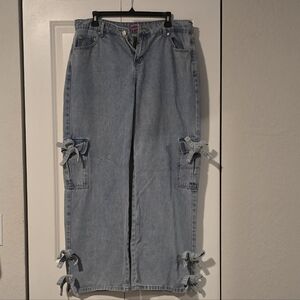 Edikted Light Blue Flare & Wide Leg Jeans With Bow Detail